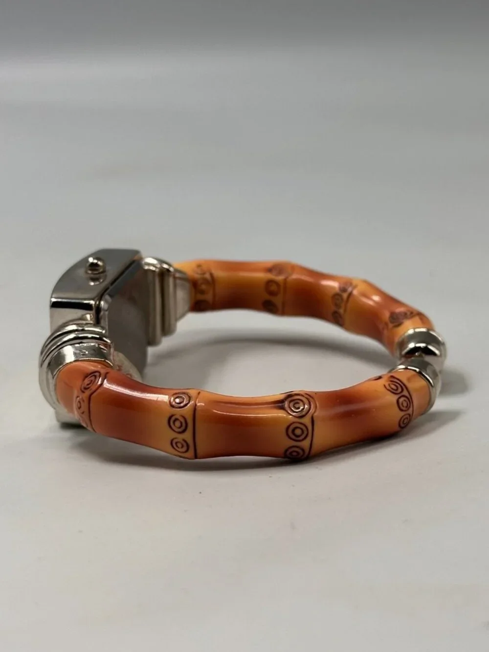 Accutime Women Watch Silver Tone Brown Bamboo Stick Cuff Band New Battery